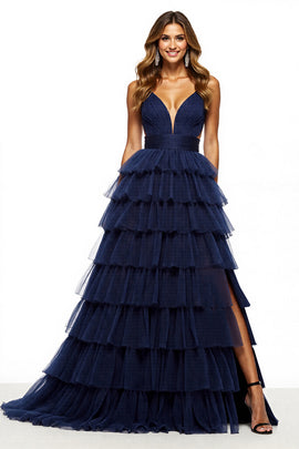 Navy Tiered Tulle V-Neck A Line Long Prom Dress with Slit