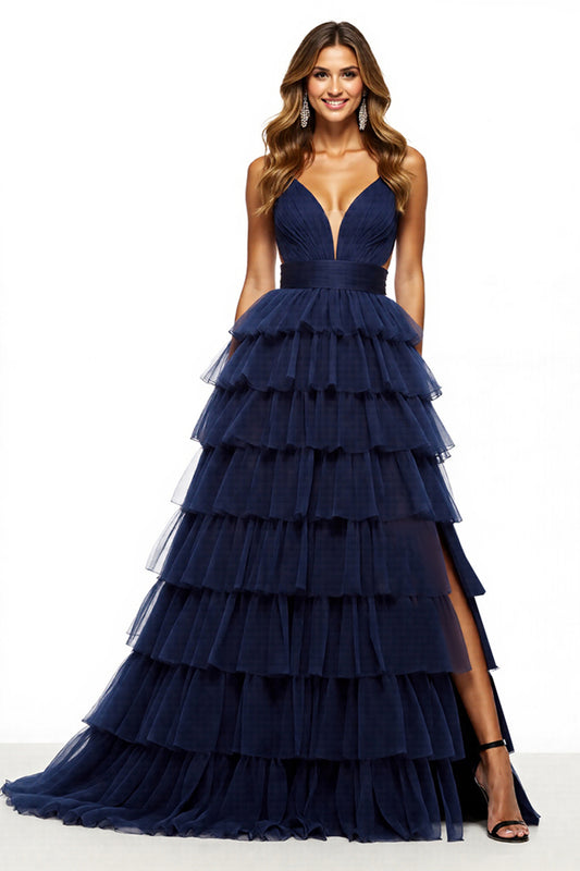Navy Tiered Tulle V-Neck A Line Long Prom Dress with Slit