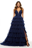 Navy Tiered Tulle V-Neck A Line Long Prom Dress with Slit