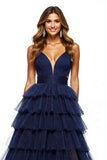 Navy Tiered Tulle V-Neck A Line Long Prom Dress with Slit