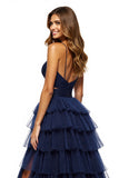 Navy Tiered Tulle V-Neck A Line Long Prom Dress with Slit