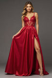 Red A Line Satin Long V-Neck Prom Dress with Slit