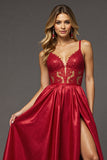 Red A Line Satin Long V-Neck Prom Dress with Slit