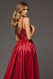 Red A Line Satin Long V-Neck Prom Dress with Slit