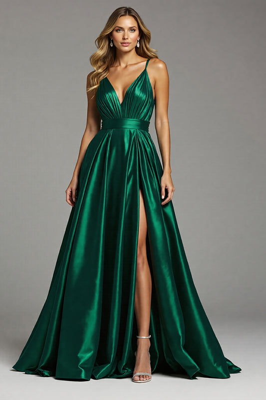 Satin Dark Green A Line Spaghetti Straps Ruched Long Prom Dress with Slit