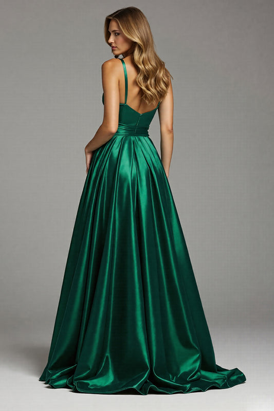 Satin Dark Green A Line Spaghetti Straps Ruched Long Prom Dress with Slit