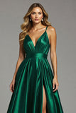 Satin Dark Green A Line Spaghetti Straps Ruched Long Prom Dress with Slit