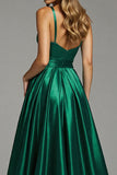 Satin Dark Green A Line Spaghetti Straps Ruched Long Prom Dress with Slit
