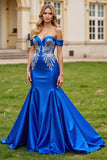Royal Blue Mermaid Off the Shoulder Long Satin Prom Dress with Beading