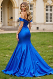 Royal Blue Mermaid Off the Shoulder Long Satin Prom Dress with Beading