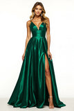 Dark Green A Line V-Neck Satin Long Prom Dress with Slit