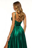 Dark Green A Line V-Neck Satin Long Prom Dress with Slit