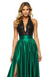 Black Green Satin Halter A Line Long Prom Dress with Slit