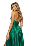 Black Green Satin Halter A Line Long Prom Dress with Slit