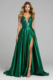 Sparkly Dark Green Deep V-Neck Satin Long Prom Dress with Slit