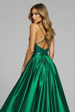 Sparkly Dark Green Deep V-Neck Satin Long Prom Dress with Slit