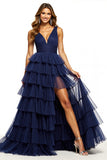 Navy V-Neck A Line Tulle Tiered Long Prom Dress with Slit