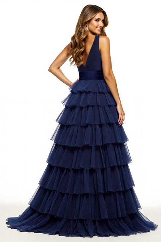 Navy V-Neck A Line Tulle Tiered Long Prom Dress with Slit