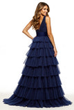 Navy V-Neck A Line Tulle Tiered Long Prom Dress with Slit