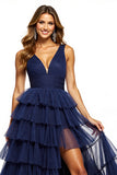 Navy V-Neck A Line Tulle Tiered Long Prom Dress with Slit