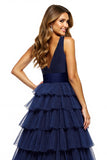 Navy V-Neck A Line Tulle Tiered Long Prom Dress with Slit