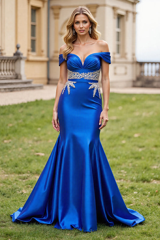 Mermaid Royal Blue Satin Off the Shoulder Long Prom Dress with Beading