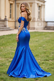 Sparkly Royal Blue Mermaid Satin Long Prom Dress with Beading