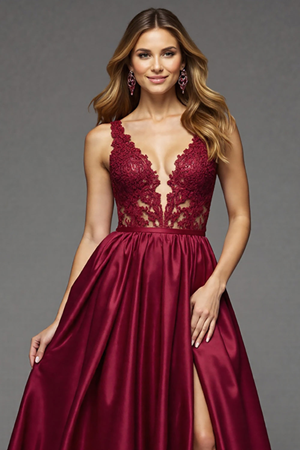 Burgundy Deep V-Neck A Line Long Prom Dress with Lace