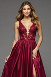 Burgundy Deep V-Neck A Line Long Prom Dress with Lace