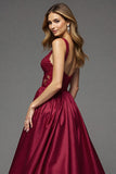 Burgundy Deep V-Neck A Line Long Prom Dress with Lace