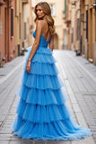 Sky Blue A Line Ruffled Spaghetti Straps Long Tulle Prom Dress with Slit