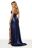 Navy Spaghetti Straps Sheath Long Satin Prom Dress with Slit