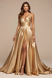 Golden Satin A Line Spaghetti Straps Long Prom Dress with Slit