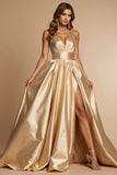 Golden Satin A Line Spaghetti Straps Long Prom Dress with Slit