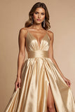 Golden Satin A Line Spaghetti Straps Long Prom Dress with Slit