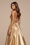 Golden Satin A Line Spaghetti Straps Long Prom Dress with Slit