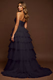 Black Tulle A Line Strapless Long Tiered Prom Dress with Slit
