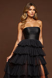 Black Tulle A Line Strapless Long Tiered Prom Dress with Slit
