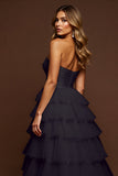 Black Tulle A Line Strapless Long Tiered Prom Dress with Slit