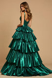 Sparkly Dark Green Satin A Line Tiered Long Prom Dress