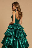 Sparkly Dark Green Satin A Line Tiered Long Prom Dress