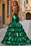 Dark Green Satin Mermaid Tiered V-Neck Long Prom Dress with Slit