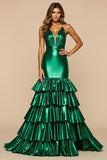 Dark Green Satin Mermaid Tiered V-Neck Long Prom Dress with Slit
