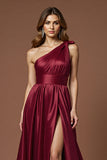 Burgundy Satin A Line One Shoulder Long Prom Dress with Slit