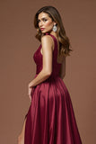 Burgundy Satin A Line One Shoulder Long Prom Dress with Slit