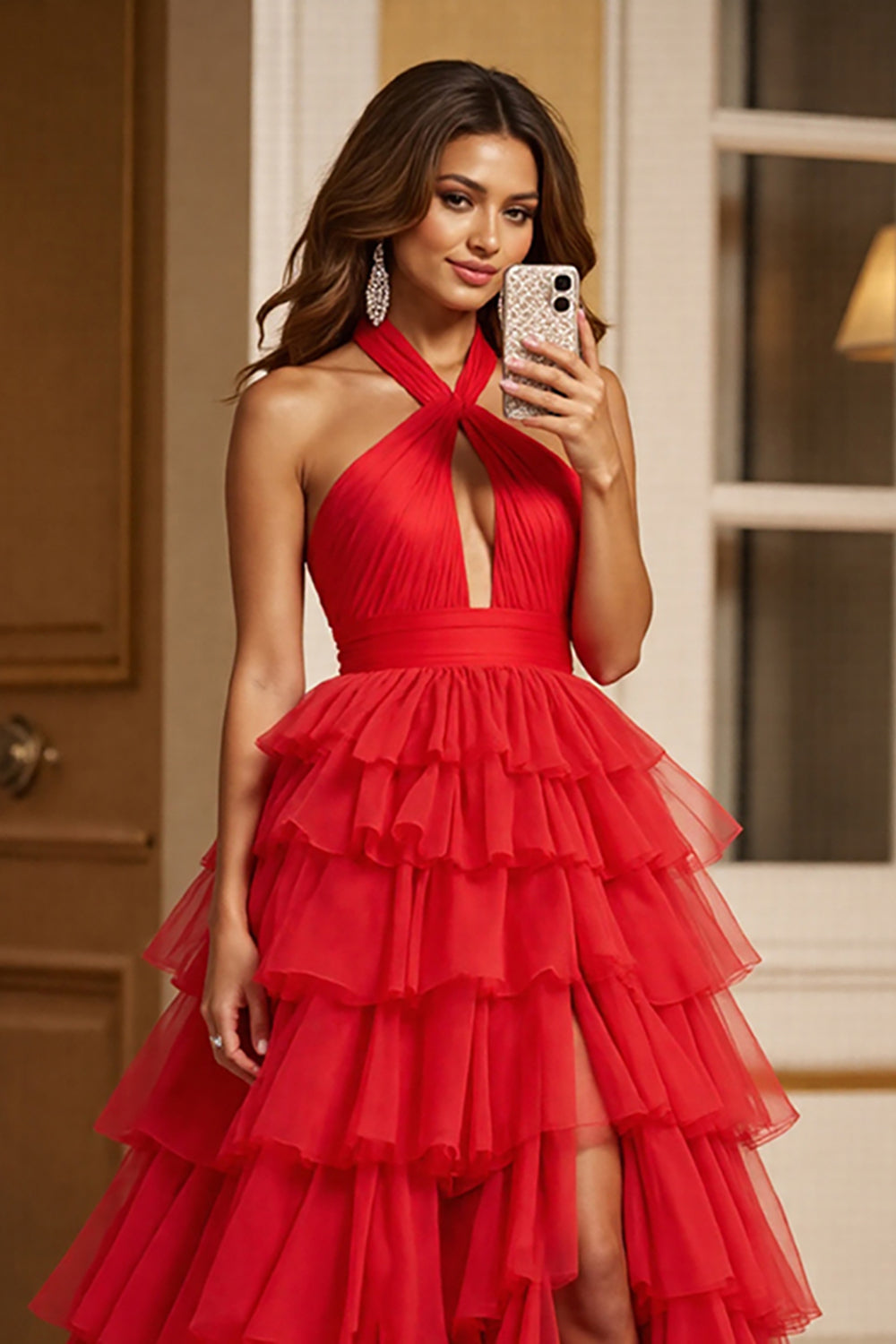 Red A Line Tulle Keyhole Halter Long Tiered Prom Dress with Slit
