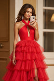 Red A Line Tulle Keyhole Halter Long Tiered Prom Dress with Slit