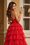 Red A Line Tulle Keyhole Halter Long Tiered Prom Dress with Slit