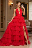 Red Tulle A Line Halter Long Tiered Prom Dress with Slit