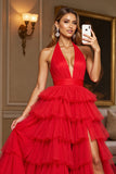 Red Tulle A Line Halter Long Tiered Prom Dress with Slit